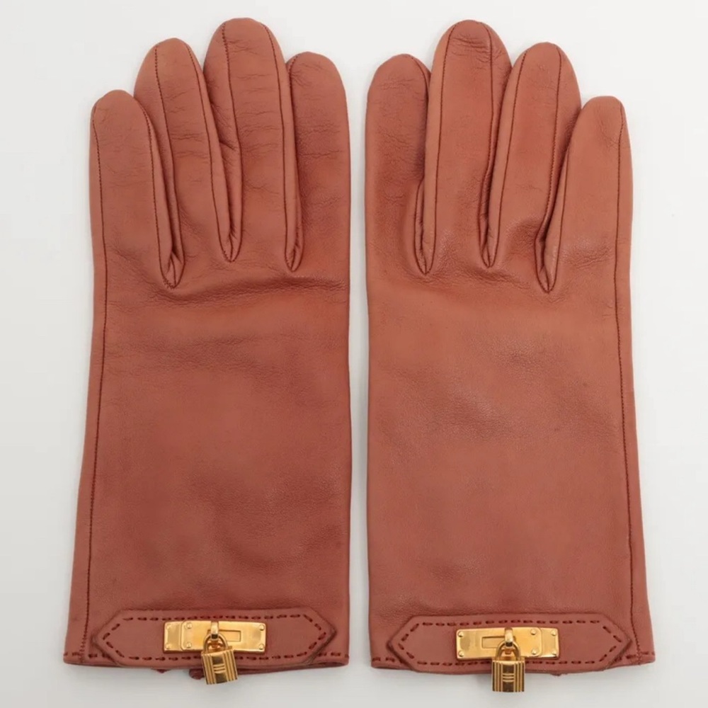 Hermes Lambskin Soya Kelly Lock Gloves Brown Gold - Picture 1 of 9